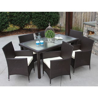 All-Weather Wicker/ Glass Outdoor Dining Table and 6 Cushioned Chairs
