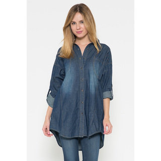 Women's Blue Denim Oversize Button-down Long-sleeve Top