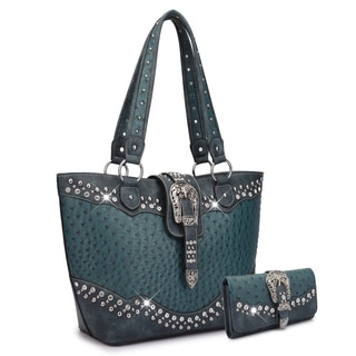 Dasein Western Style Embossed Ostrich Rhinestone Buckle Tote Bag with Wallet