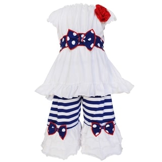 AnnLoren Boutique Blue & White Striped Cotton Capri Tunic Clothing Set