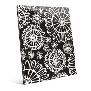 'Flower Frenzy' White on Black Glass Wall Art