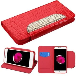 Insten Red Leather Crocodile Skin Case Cover with Stand/ Wallet Flap Pouch/ Diamond For Apple iPhone 7 Plus