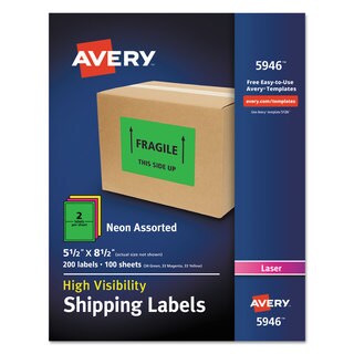 Avery Neon Shipping Label Laser 5 1/2 x 8 1/2 Neon Assorted 200/Box
