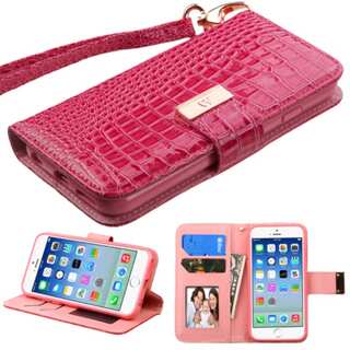 Insten Hot Pink Leather Crocodile Case Cover Lanyard with Stand/ Wallet Flap Pouch/ Photo Display For Apple iPhone 6/ 6s