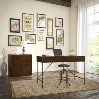 kathy ireland Office Ironworks Coastal Cherry 48 in. W Writing Desk and Lateral File Cabinet
