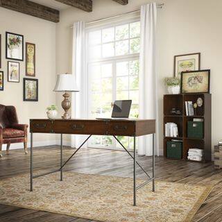 kathy ireland Office Ironworks Coastal Cherry 48 in. W Writing Desk and 6 Cube Bookcase