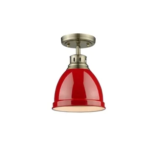 Golden Lighting Red Shade and Aged Brass Steel Duncan Flush Mount Light