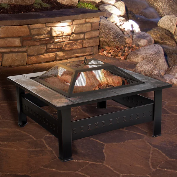 Pure Garden 32 inch Square Tile Fire Pit with Cover - Bronze Finish