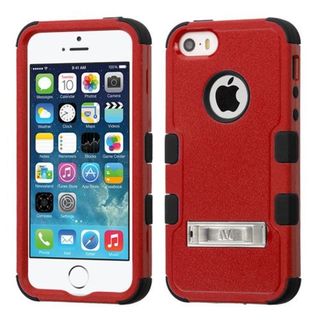 Insten Red/ Black Hard PC/ Silicone Dual Layer Hybrid Rubberized Matte Case Cover with Stand For Apple iPhone 5/ 5S/ SE