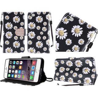 Insten Black/ White Daisy Blossom Leather Case Cover Lanyard with Stand/ Diamond For Apple iPhone 6 Plus/ 6s Plus
