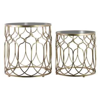 Metal Round Nesting Accent Table with Mirror Top Patterned Design and Round Base Set of Two Tarnished Finish Champagne