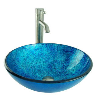 Ocean Foil Glass Vessel Sink in Blue with Vessel Faucet and Drain