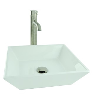Shallow Square Porcelain Vessel Sink in White with Vessel Faucet and Drain