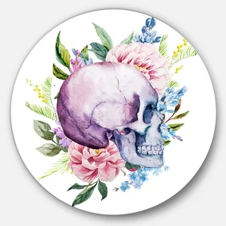 Designart 'Skull with Flower Borders' Digital Floral Disc Aluminium Artwork