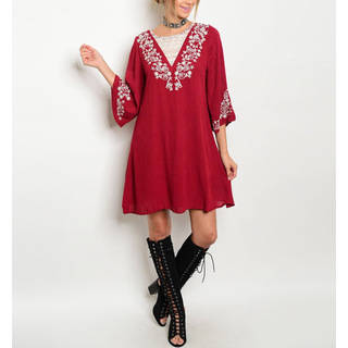Jed Women's Burgundy Flutter-sleeve Embroidered Tunic Dress