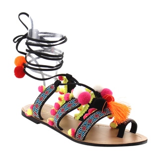 Chase and Chloe Women's Faux Leather Leg Wrap Tassel Pom Pom Beads Flat Sandals