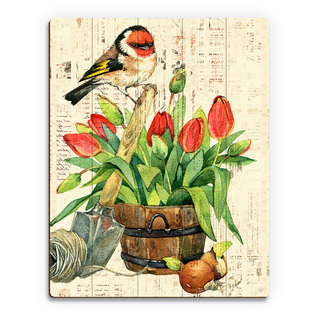 Garden Bird and Red Tulips Wood Wall Art Print