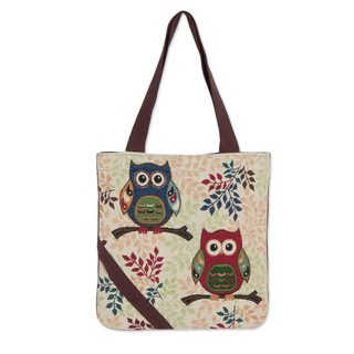 Cotton Blend Tote Bag, 'Playful Owls' (Thailand)