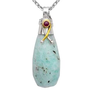 Orchid Jewelry Two-tone 925 Silver 45 1/7 Carat Faceted Aquamarine and Ruby Drop Pendant
