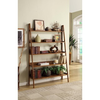 Contemporary Walnut Leaning Ladder 5 Tier Bookcase