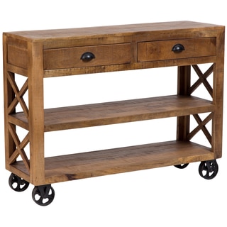 Wanderloot Barn Door Wooden Trolley Console Table with 2 Shelves and 2 Drawers and Cast Iron Wheels