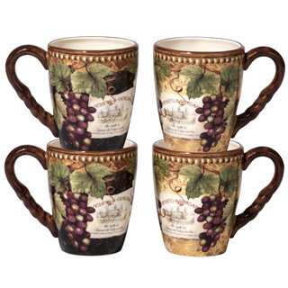 Certified International Gilded Wine Ceramic 20-ounce Mugs with 2 Assorted Designs (Pack of 4)