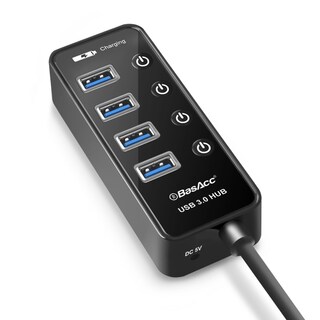 BasAcc Black 4-Port 5Gbps High Speed Ultra Portable USB 3.0 Hub with Individual On/ OffF Switch for PC/ Mac/ Windows Laptop