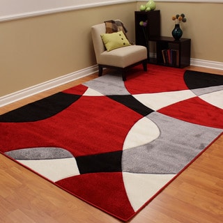 Hollywood Abstract Wave Design Red/Black/White Area Rug (7'10 x 10'8)
