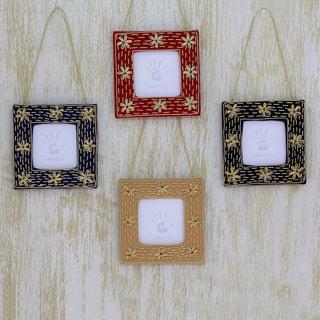 Set of 4 Handcrafted Beaded 'Cherished Memories' Photo Frame Ornaments (India)