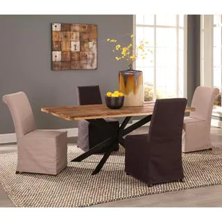 Natural Block Reclaimed Wood Design 5-piece Dining Set with Star-Shaped Metal Pedestal Base and Slip Covered Parson Chairs