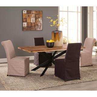 Natural Block Reclaimed Wood Design 7-piece Dining Set with Star-Shaped Metal Pedestal Base and Slip Covered Parson Chairs
