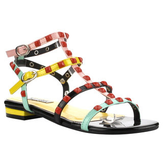 Cape Robbiin FH47 Women's Multicolored Faux-leather Flat Sandals with Strappy Studs and Double Buckles