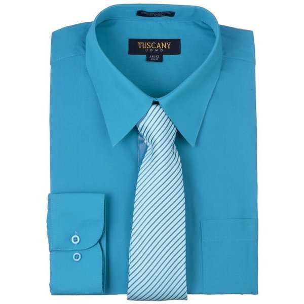 Tuscany Men's Solid Turquoise Regular-fit Long-sleeve Dress Shirt with Mystery Tie Set