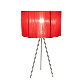 Simple Designs Brushed Nickel Tripod Table Lamp with Pleated Silk Sheer Shade, Red