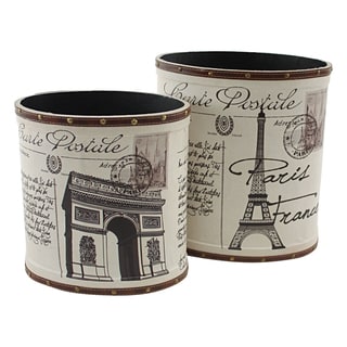 White Wood and Faux Leather Paris Trash Canisters (Set of 2)
