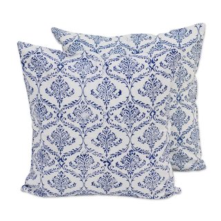 Pair Cotton Cushion Covers, 'Blueberry Vines' (India)
