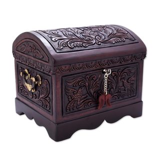 Handmade Cedar and Leather Decorative Box, 'Andean Flight' (Peru)