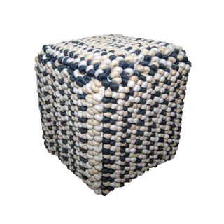 Willa Square Off-White and Grey Button Knotted Wool Pouf Ottoman