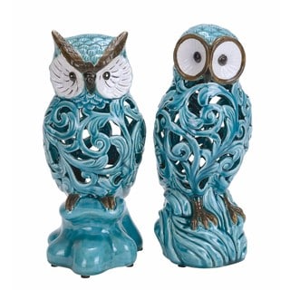 Turquoise/Multicolor Glazed Ceramic Owls (Set of 2)