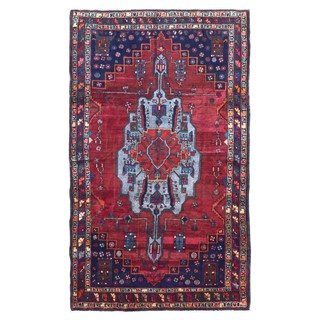 FineRugCollection Handmade Semi-Antique Persian Hamadan Red Oriental Wool Runner (5'5 x 9'1)