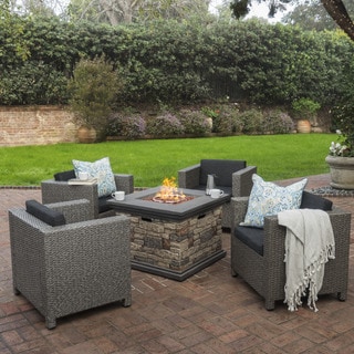 Puerta Outdoor 4-piece Wicker Chair Set with Square Stone Firepit by Christopher Knight Home