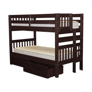 Bedz King Bunk Bed Twin over Twin with End Ladder and 2 Under Bed Drawers, Cappuccino
