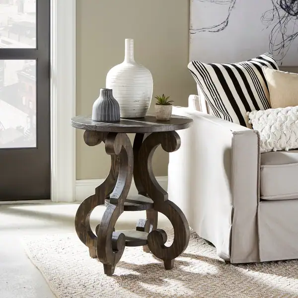 Bellamy Traditional Weathered Peppercorn Round Accent Table