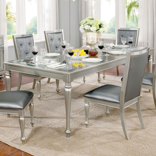 Furniture of America Glendel Glam Embossed Glass Top Silver Grey Dining Table with 18-inch Leaf