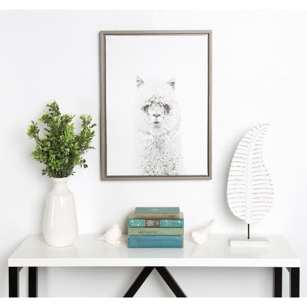 DesignOvation Sylvie Simon Te Tai 'Hairy Alpaca' Black and White Portrait Grey Framed Canvas Wall Art