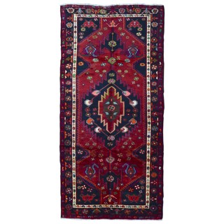 FineRugCollection Handmade Semi-Antique Persian Hamadan Red & Black Oriental Runner (4'9 x 10')