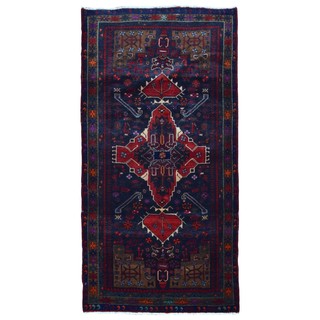 FineRugCollection Handmade Semi-Antique Persian Hamadan Red & Black Oriental Runner (4'11 x 9'8)