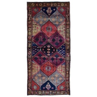 FineRugCollection Handmade Semi-Antique Persian Hamadan Purple & Beige Oriental Runner (4'7 x 10'4)