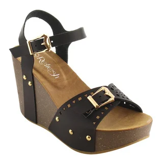 Refresh IE94 Women's Faux Leather Buckle Ankle-strap Cutout Studded Wedge Sandal