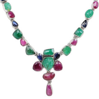 Orchid Jewelry 57 3/5 Carat Emerald, Ruby and Sapphire Sterling Silver Handmade Necklace Jewelry